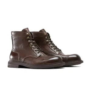 DESAI Simple Lace Up High Top Motorcycle Boots in Genuine Leather with Slip Resistant and Durable Sole DS6521H