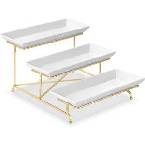 3 Tier Serving Tray Set 14 Inch Porcelain Tiered Serving Platters, Collapsible Sturdier Stand with Stable Cross Bars, Three Layer Serving for Party Entertaining Food Display Fruit Dessert
