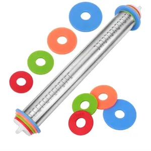 Adjustable Rolling Pin - Metal Rolling Pin with Colorful Grips in Red, Green, Orange & Blue