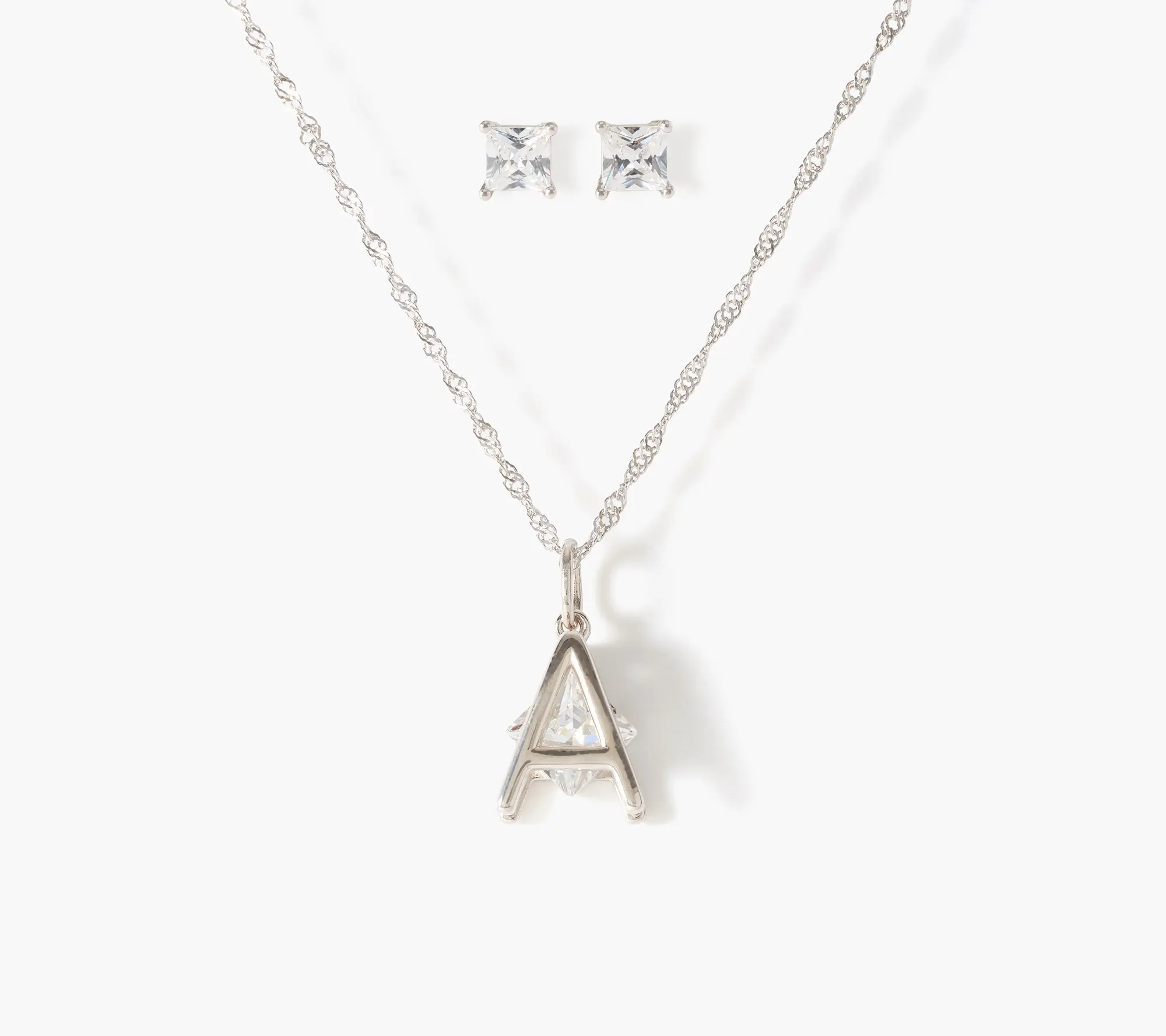 Diamonique Initial Necklace & Earrings Set Sterling Silver