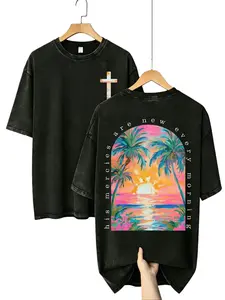 Men's Christian Loose Oversized Short-Sleeve T-Shirt - His Mercies Are New Every Morning Tropical Sunset Graphic, Lightweight Washed Cotton Menswear, Casual Round Neck Church Streetwear Gift