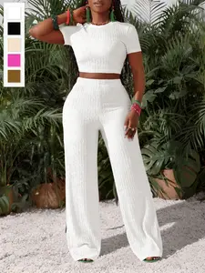 Spring Summer Fashion Casual Aesthetic Solid Color Round Neck Women's Home Set, Short Sleeve Top + Long Pants 2 Piece Set, Fitted Style