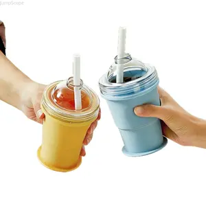 2-in-1 Foldable Ice Ball Maker & Tumbler, Food-Grade Silicone Collapsible Cup with Built-in Straw, Leakproof Portable Ice Cube Mold for Coffee, Iced Drinks, Camping Home, Office, Outdoor