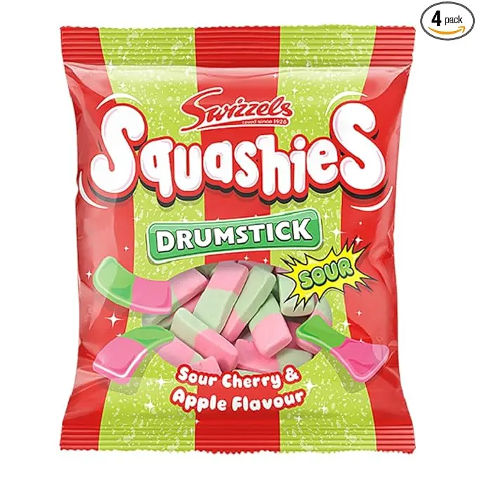 Squashies Drumstick - Sour Cherry and Apple Flavor Candies - 120g Each Squashies Drumstick - Sour Cherry and Apple Flavor Candies - 120g Each