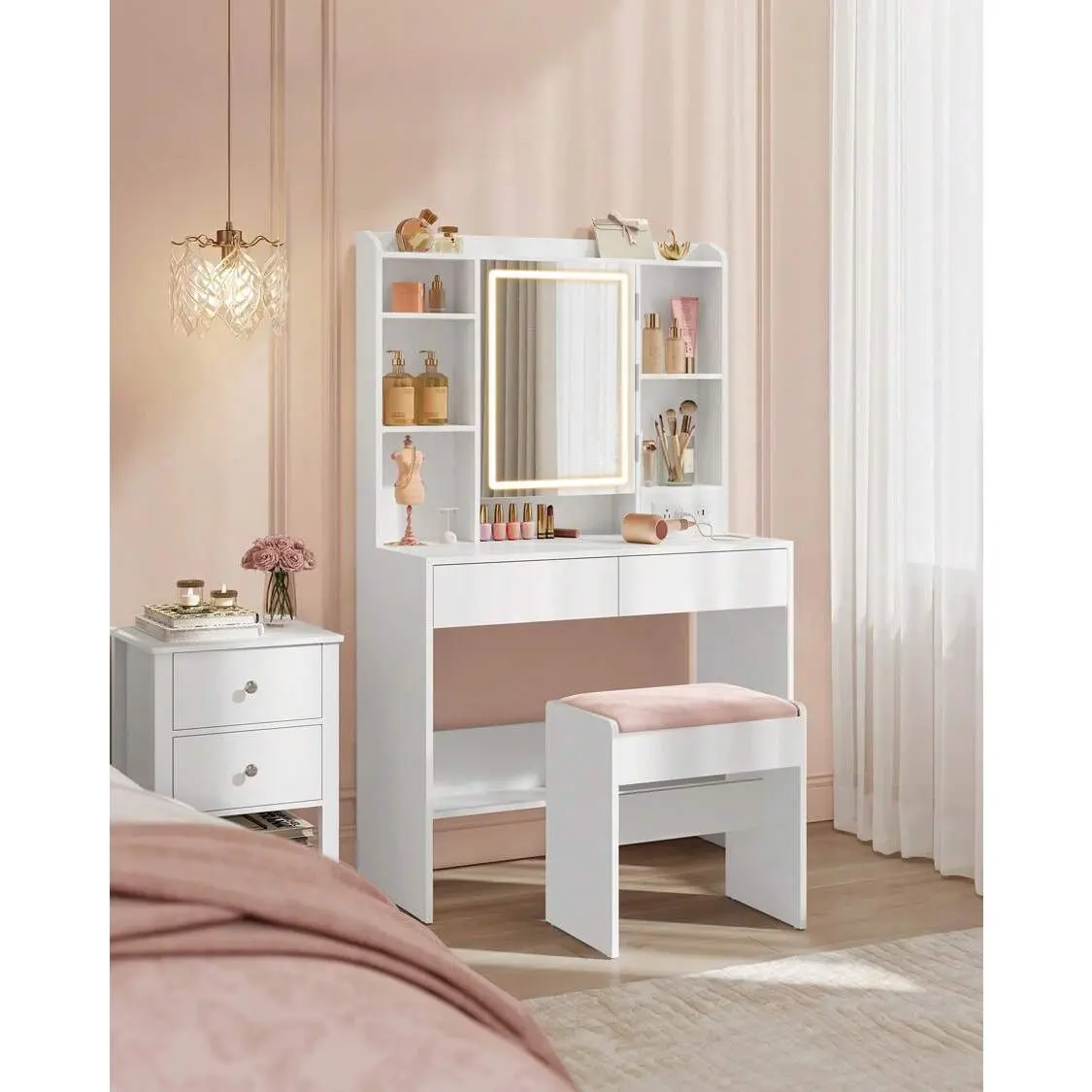 Sturdy Minimalist Makeup Vanity Desk Set - Velvet Upholstered Foam Stool, Adjustable Illuminated Dimmable LED Mirror, Desk Power Outlets, 6 Compartments, 2 Drawers, Wall Mount Option, Large Storage Container, Dimmable Light