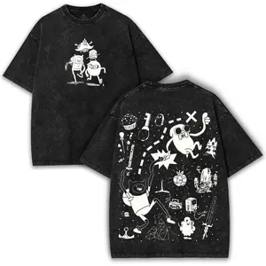Map Quest Chaos x Black & White Icons – Oversized Washed Cartoon Tee | For Retro Toon Explorers Onl Basic Cotton
