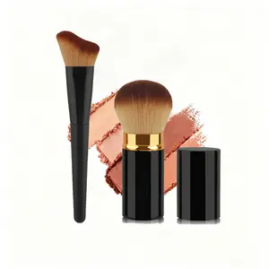 2-Piece Travel Brush Set | Retractable Powder & Blush Brush + Wavy Angled Contour Brush | Soft Portable Face Sculpting Tools