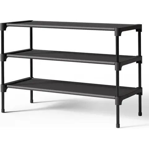 Premium Non-Woven Shoe Rack Shelf - Sturdy & Durable Long Stackable Shoe Organizer for Closet, Entryway, Garage & Corridor, Medium Black