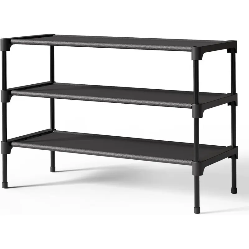 Premium Non-Woven Shoe Rack Shelf - Sturdy & Durable Long Stackable Shoe Organizer for Closet, Entryway, Garage & Corridor, Medium Black