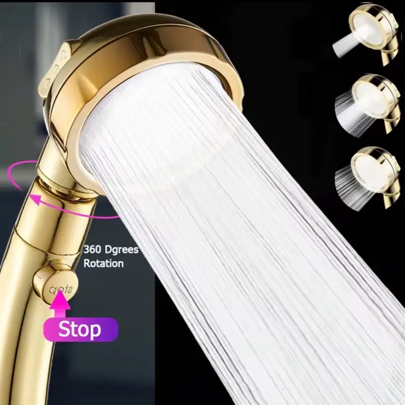 High Pressure ABS 3-in-1 Handheld Shower Head, G1/2 Thread, Pressure Boost Design, ON/OFF Pause Switch for Stop Water Flow, 360-Degree Rotating, 3-Speed Adjustment, Gold Replacement Shower Head