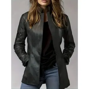 Women’s Fashion Faux Leather Jacket, Zipper and Button Closure, Long Sleeve, Pockets, Casual and Stylish, All-Season Outerwear