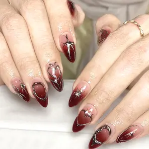 24Pcs Chrome Silver Press on Nails Medium Almond Fake Nails with 3D Rhinestone Design Valentine False Nails Silver Irregular Line Acrylic Nail Red Gradient Full Cover Heart Star Glue on Nail for Women