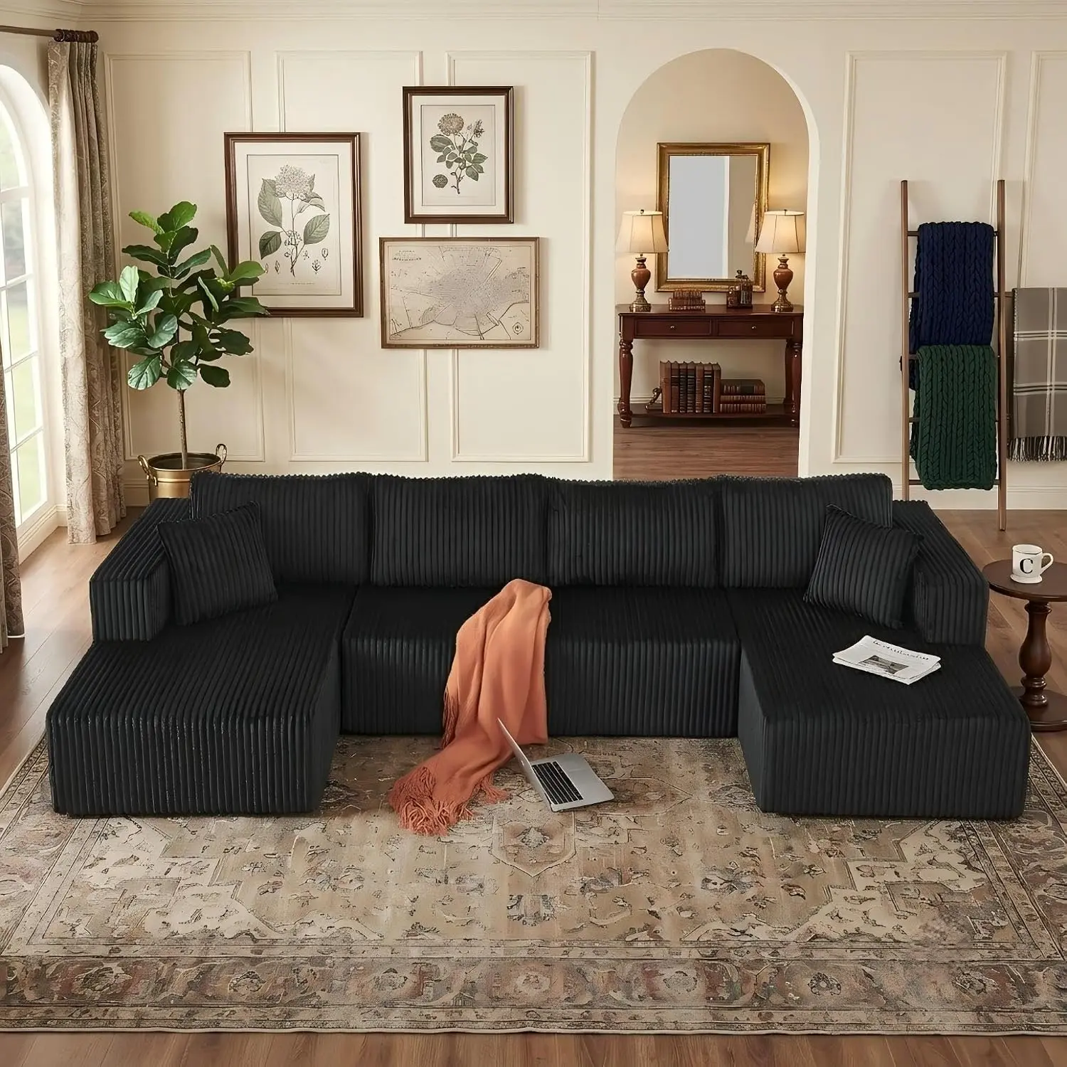 132" Boneless Sectional Sofa with Double Chaise, Oversized U-Shaped Comfy Modular Compression Cloud Sleeper Sofa with Deep Seat, Corduroy Sectional Couches for Living Room, No Assembly Required, Black