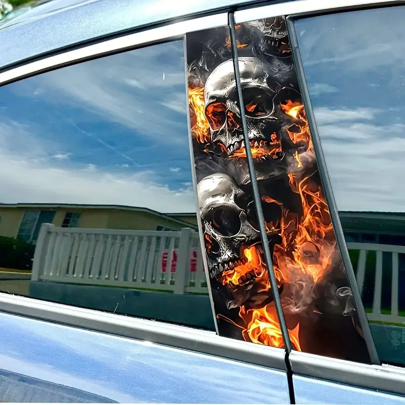Set of 2 Flame Skull Vinyl Car Stickers - Bold B-Pillar Protection, Glossy Finish, Easy to Apply on Rear Windows And Glass Surfaces, making it both Stylish and Durable for Your Vehicle