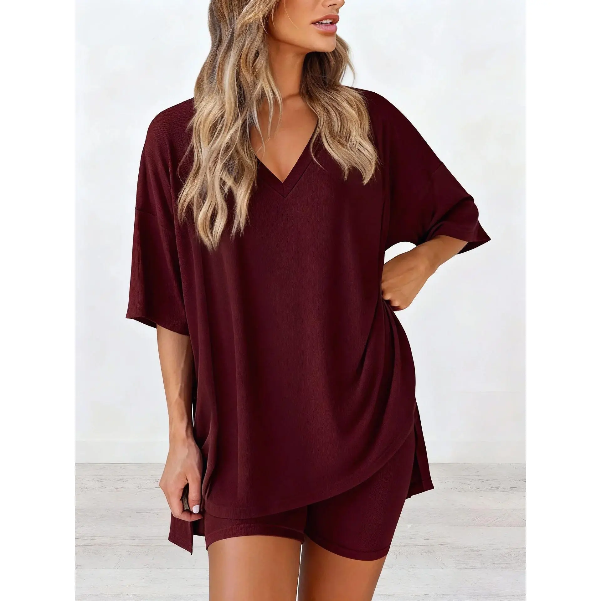 Summer new fashionable V-neck two-piece set solid color loose women's  casual suit comfortable home wear minimalist cycling pocket shorts short  sleeved Everyday Everyday Chic Top - TikTok Shop