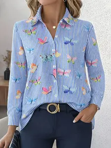 Women's long-sleeved button-down Collared Blouse shirt with butterfly print design. A casual everyday top, stylish and comfortable women's shirt.