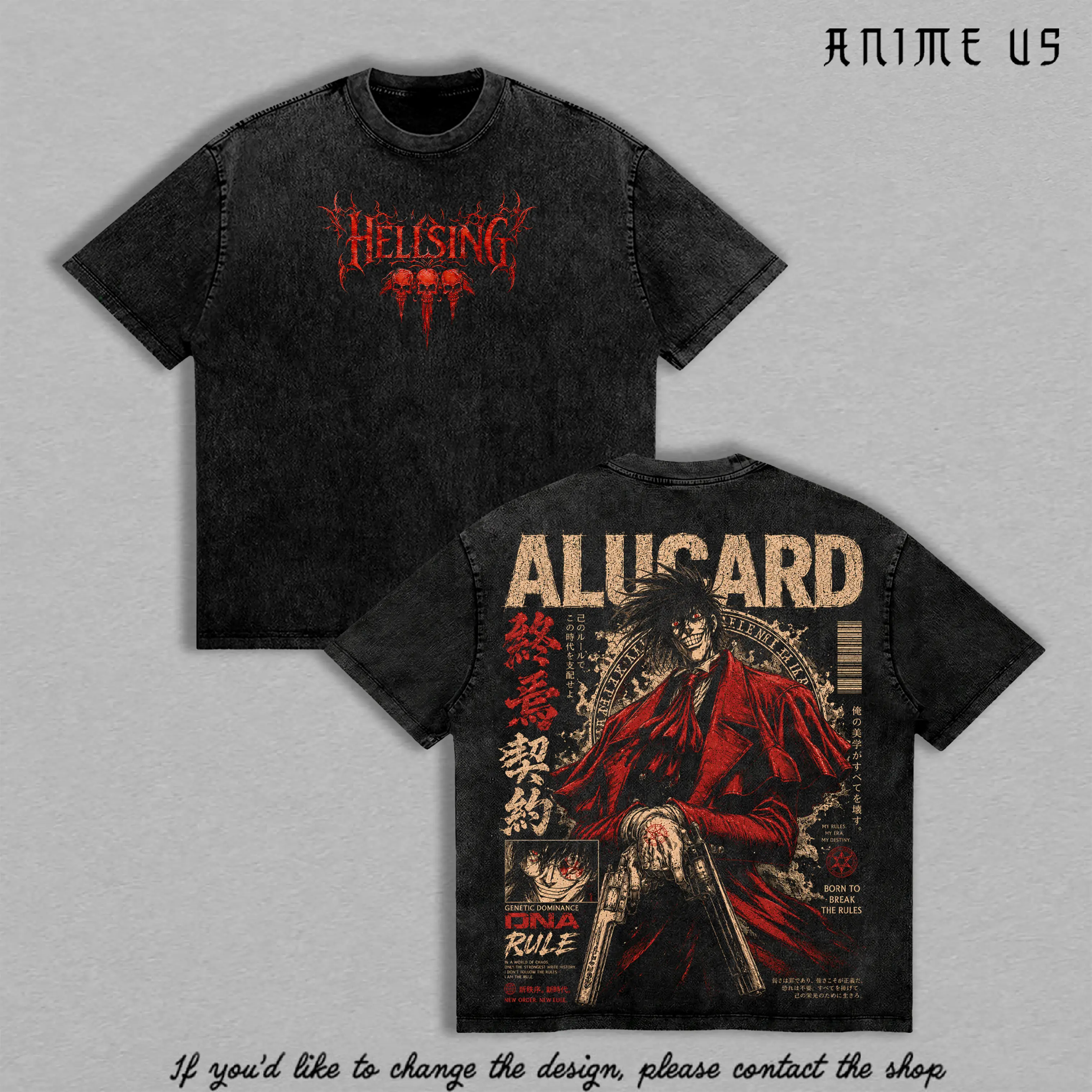 Alucard Hellsing Vintage Washed Heavyweight Cotton T-Shirt, Hellsing Ultimate Vampire Hunter Anime Graphic Tee, Double Sided Oversized Streetwear Shirt, Retro Manga Unisex Fan Gift