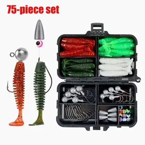 75 Piece Lure Soft Bait, Screwy Head Jigs Fishing Tackle Set, Curved Hook Lead Sinkers, Texas Rig Bass Whitebait Kit, Complete Fishing Gear