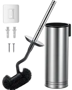 HAMITOR Toilet Brush and Holder Set: 304 Stainless Steel Heavy Duty Bowl Cleaner Brush - Deep Cleaning Under Rim Curved Bristle - Space Saving Wall-Mounted for Home RV Bathroom Accessories Silver