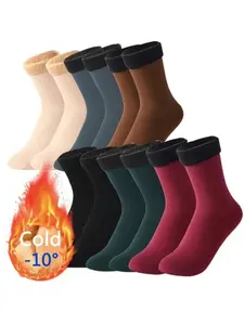 10pcs/5 Pairs Autumn Winter Socks for Women Thickened Fleece Lined Cold-Proof Warm Self-Heating Snow Socks Unisex Floor Socks Mid-Calf Socks Unisex Fit