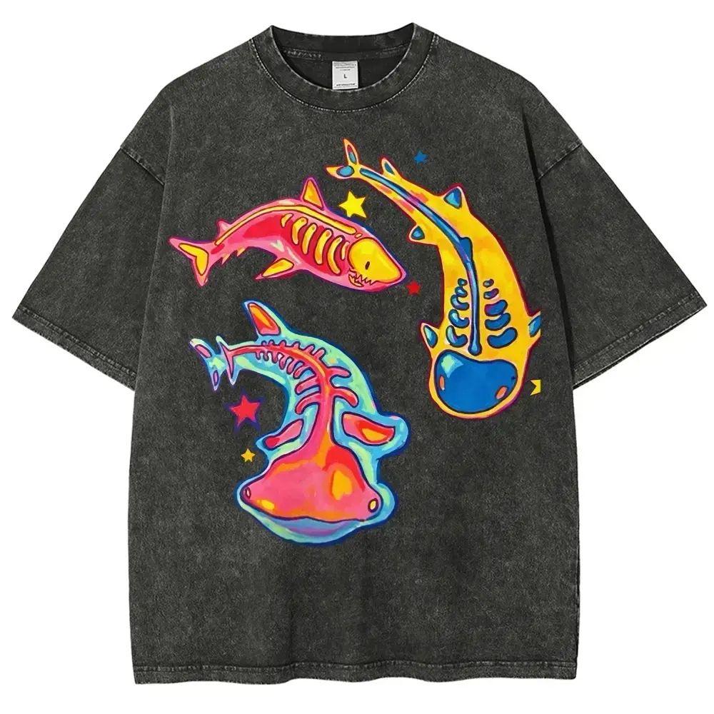 Neon Skeleton Shark Ray Ocean Creature Y2K Retro Art Vintage Washed Heavyweight Stone Wash Oversized T Shirt Unisex Casual Streetwear Graphic Top
