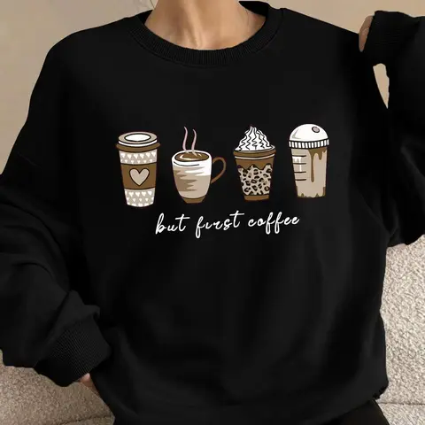 Women's Coffee & Letter Print Drop Shoulder Sweatshirt, Casual Pullover Sweatshirts Long Sleeve Round Neck Pullover for Spring & Fall, Ladies Clothes for Daily Wear Womenswear