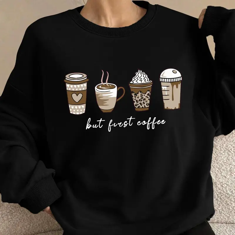 Women's Coffee & Letter Print Drop Shoulder Sweatshirt, Casual Pullover Sweatshirts Long Sleeve Round Neck Pullover for Spring & Fall, Ladies Clothes for Daily Wear Womenswear