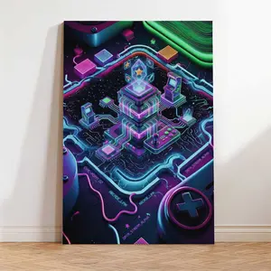 Neon Gaming Room Canvas Wall Art - Cyberpunk Retro Arcade Poster, Bedroom Poster, Futuristic Tech Circuit Board Print with Optional Wood Frame, Gift for Gamers & Streamer Setup