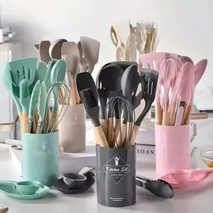 14pcs Silicone Utensil Set, Non-Stick Cooking Utensils with Wooden Handle, Storage Bucket Included, Essential Kitchen Supplies for Apartments & Dorms