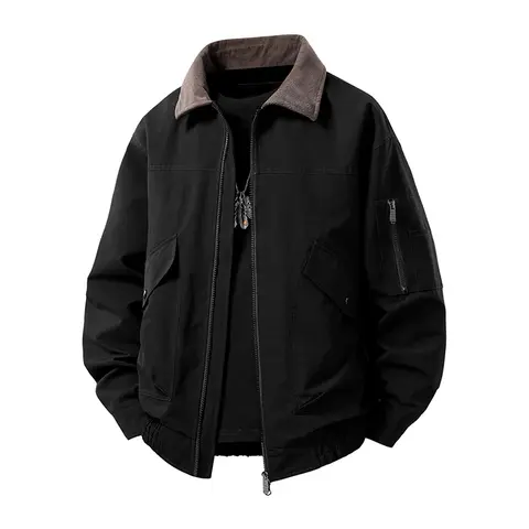 Men's Retro Corduroy Convertible Turn-Down/Turtleneck Workwear Coat - Long Sleeve, Ribbed Fabric, Loose Fit, Multi-Pocket, Zipper Closure, Outdoor Neutral Lightweight All-Purpose Jacket