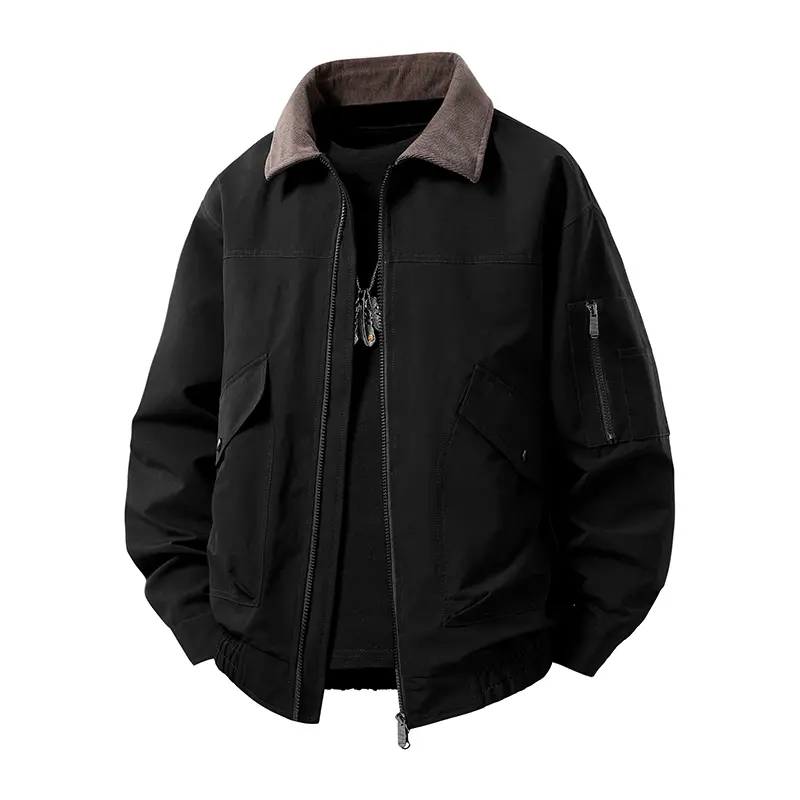 Men’s Turn-Down Collar Workwear Jacket — Trendy Loose Fit, Multi-Pocket, Versatile Functional Style, Tops, Sleeve, Sweater, Long Sleeve