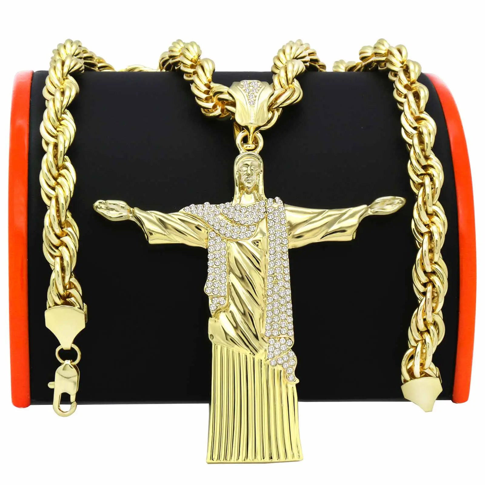 Giant Resurrection Pendant Iced Out 14k Gold PT 30" Rope Chain