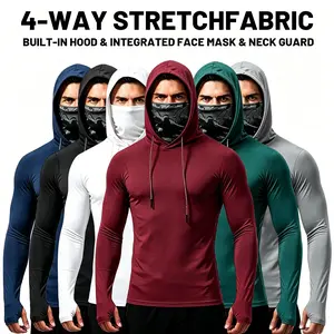 5-piece set men's outdoor work sun protection clothing with sun-blocking hoodie, featuring built-in face mask and neck guard, breathable long-sleeve hoodie Tshirt Polyester Compression