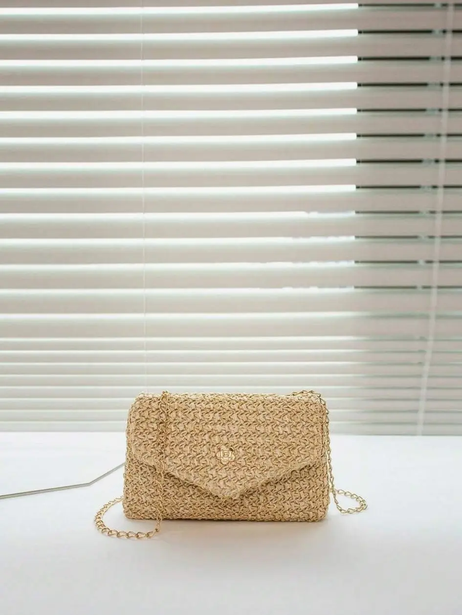 Mini Fashionable Flap Chain Crossbody Bag, Women's Shoulder Messenger Bag For Phone, Gift, Vacation, Shopping,Straw Bag