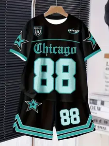 Boys' Casual Athletic Baseball Style 2-Piece Set, Gothic Chicago Text & Star Print, Short Sleeve Round Neck T-Shirt & Shorts, Slim Fit, Youth Kits