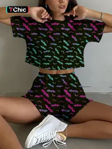 Women's Striped Print Drop Shoulder Tee & Wrap Split Shorts Pyjama Set, Casual Comfy Round Neck Short Sleeve T-shirt & Elastic Waist Shorts Pj Set, Summer Outfits 2024