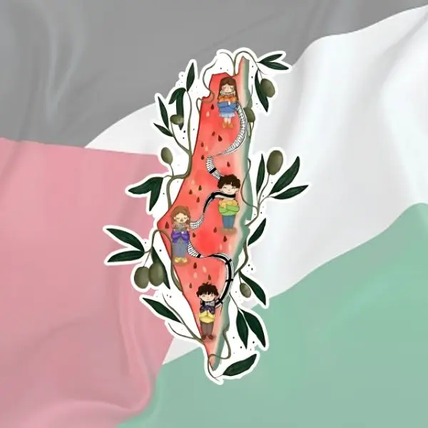 Palestine Map Watermelon Sticker, Cute Kids in Keffiyeh with Olive Branches Sticker, Symbol of Freedom and Hope, Waterproof Vinyl Decal for Laptop, Journal, Phone Case, Skateboard & Artistic Decor