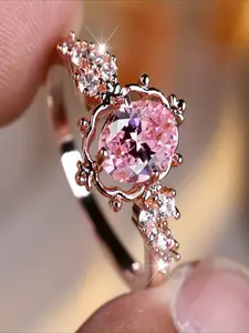 A Romantic And Charming Luxurious Palace-Style Ring Featuring an Egg-Shaped Design Adorned with Pink Synthetic Zirconia Stones, Perfect for Geometric Fashion Jewelry And Wedding Additions 1PC