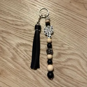 Silicone Beaded Keychain with Black Tassel and Decorative Beads, Includes Keyring Attachment
