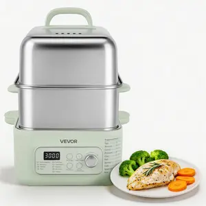 VEVOR Electric Food Steamer 13.7 QT 2-Tier Stainless Steel for 3-6 Servings, 1500W Vegetable & Meal Steamer for Cooking with 9 Pre-Programmed Settings, Keep Warm, for Veggies, Seafood & Rice, Green