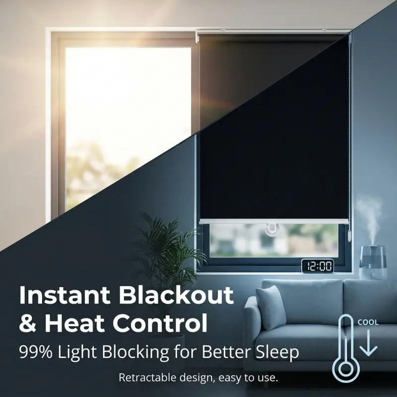 Retractable Blackout Roller Shade, UV & Heat Blocking Pull-Down Window Blind, Window Sun Blocker, Easy-Install Sunshade for Home, Doors & RV, No Drill Window Shades, Window Shade Cover