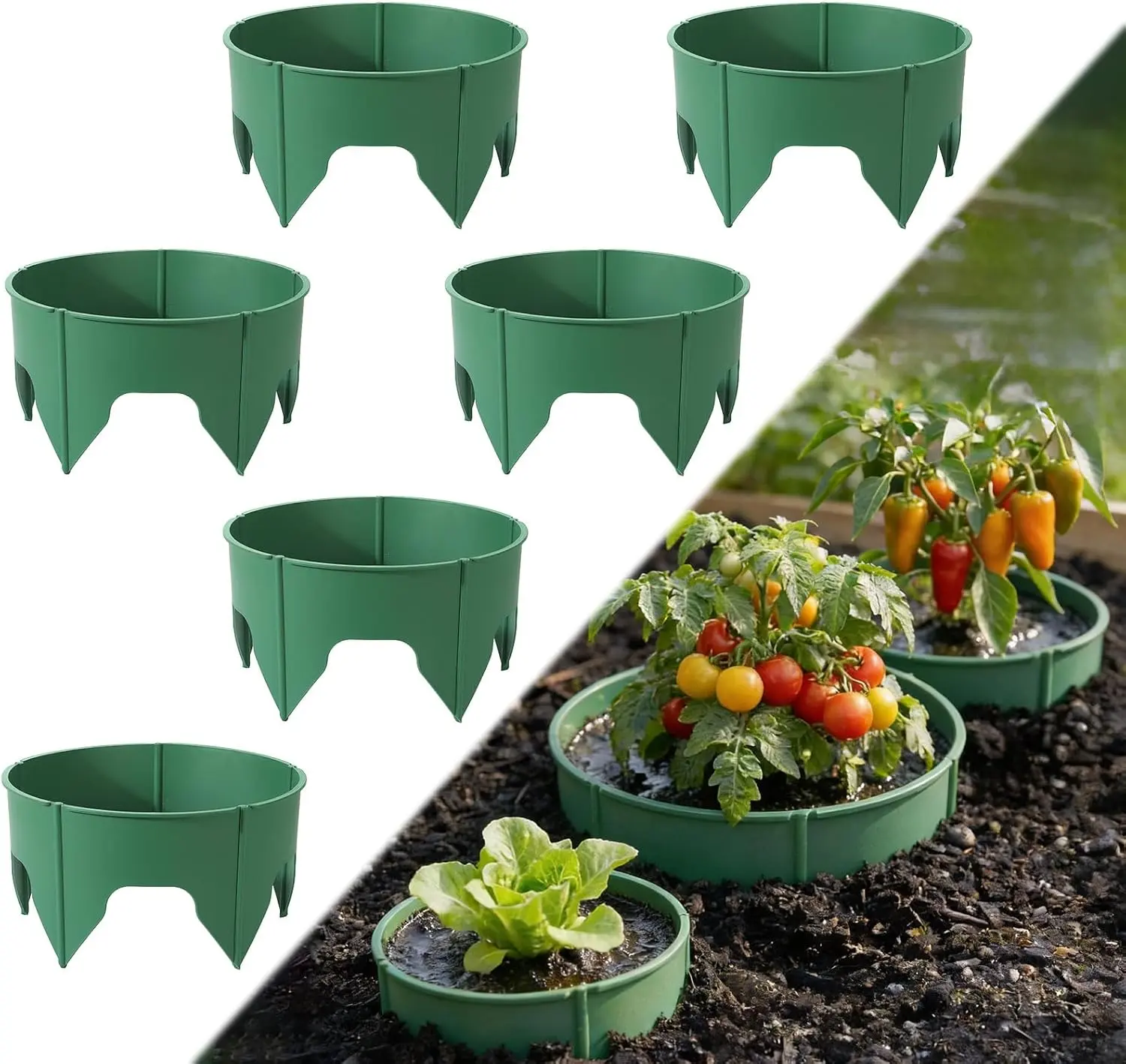 6 PCS 10 Inch Plant Rings for Outdoor Plants, Protective Garden Edging Border for Water Retention, Reusable PVC Planting Ring for Yards, Greenhouse, Lawn, Shrubs, Vegetables, Herbs and Flowers
