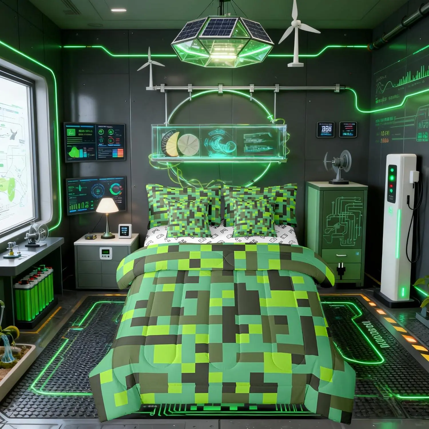 Pixel Grid Miners Kid Comforter,Geometric Grid Patchwork Pixelated 7 Pcs Bedding Set,Cartoon Gamepad Video Games Decor All Season,Cyan Green（Fitted+Sheet+2 Pillowcases+2 Throw Pillow Covers）