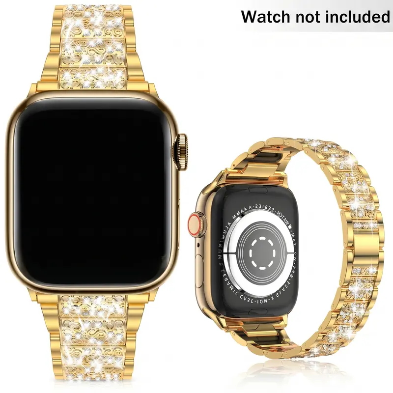 Three-Bead Full Rhinestone Strap Compatible for iWatch Series 1-11/SE/SE2/Ultra/Ultra2 (38mm–49mm), Luxury Dressy Metal Band for Women, Adjustable Bling Bracelet Style (Watch Not Included) #Summervibes