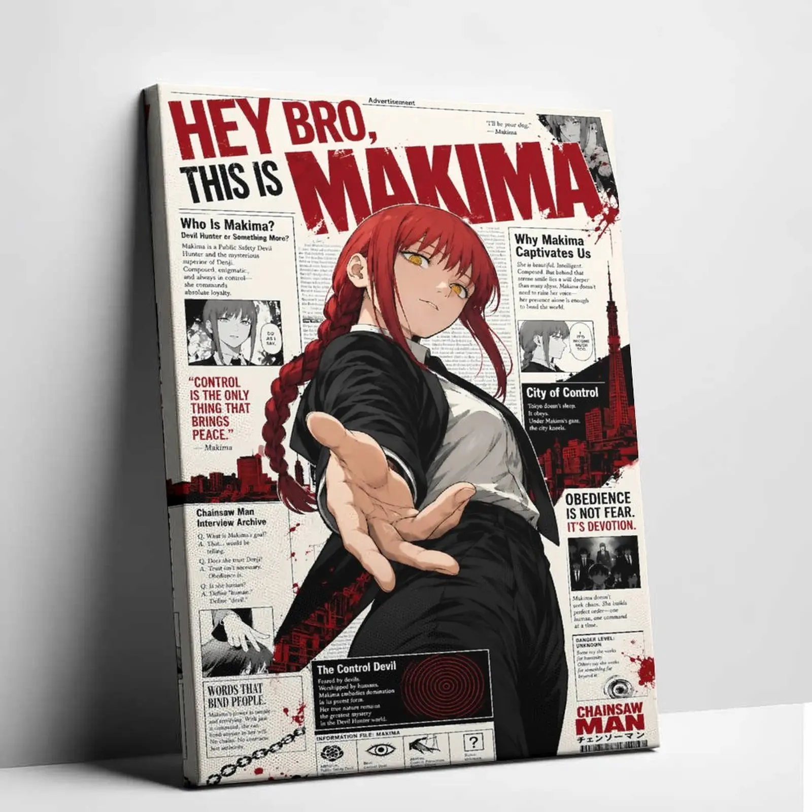 Chainsaw Man Anime  Wall Art Makima Poster Framed  Print Vintage Newspaper Magazine Cover Manga Decor Room Aesthetic Graphic Otaku Gifts