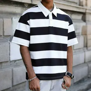 Men's Summer Black and White Striped Short Sleeve Polo Shirt with Turn-Down Collar Made from Comfortable and Breathable Fabric, Loose Fit for Casual Wear Stylish Shortsleeve
