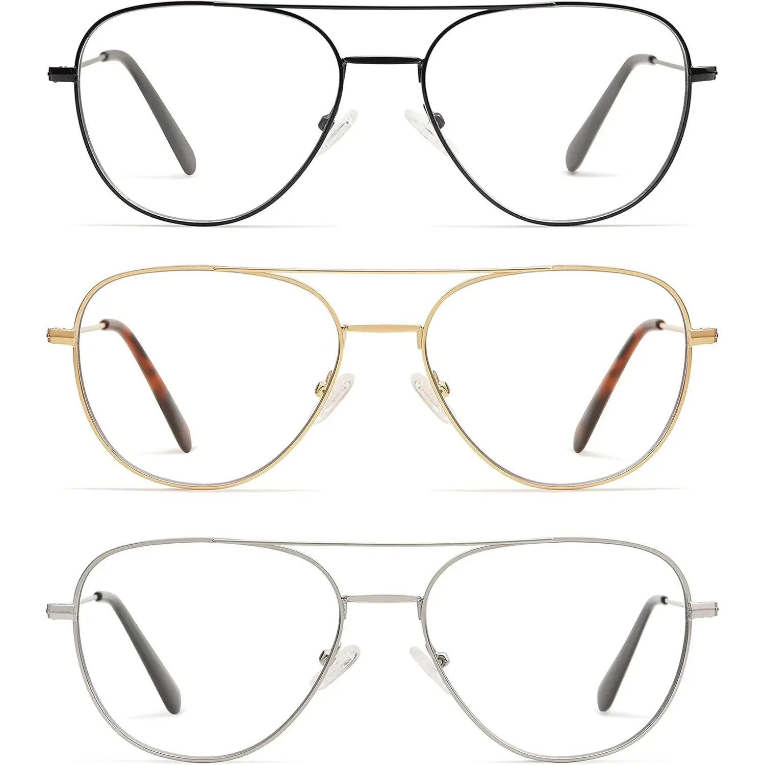 3-Pack Retro Aviator Reading Glasses for Men Women Trendy Square Blue Light Blocking Computer Readers Metal AM6092A