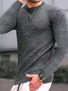 Men's Fall Winter Trendy Fashion Crew Neck Waffle Long Sleeve T-Shirt Sweatshirt, Simple Solid Color Casual Versatile Daily Wear