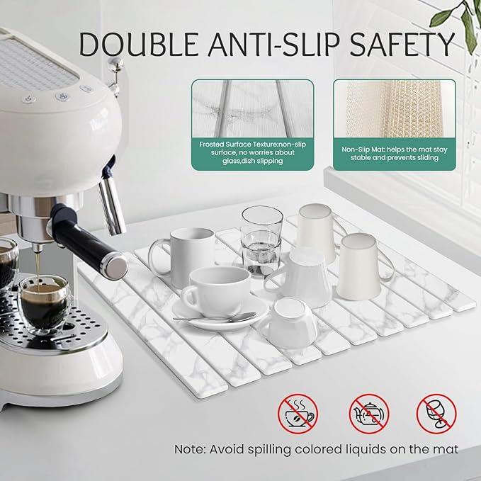 Large Stone Dish Drying Mat - 24" × 16"  for Kitchen Counter, Super Absorbent, Heat Resistant Dish Drying Mats, Eco-Friendly Diatomaceous Earth Stone Rack Tableware Mat ( White Marble) Coasters Stainless Steel Kitchenware