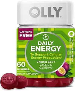 OLLY Daily Energy Gummy, Caffeine Free, Vitamin B12, CoQ10, Goji Berry, Adult Chewable Supplement, Tropical Flavor - 60 Count
